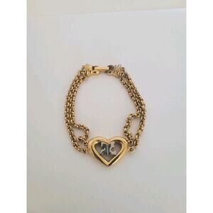 Currages Bracelet Double Chain Logo Gold Vintage Authentic Heart 7" French